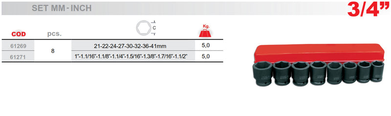 Impact Socket Wrench, Standard, 3/4" Drive, 6 Point, 8pcs/Set EgaMaster