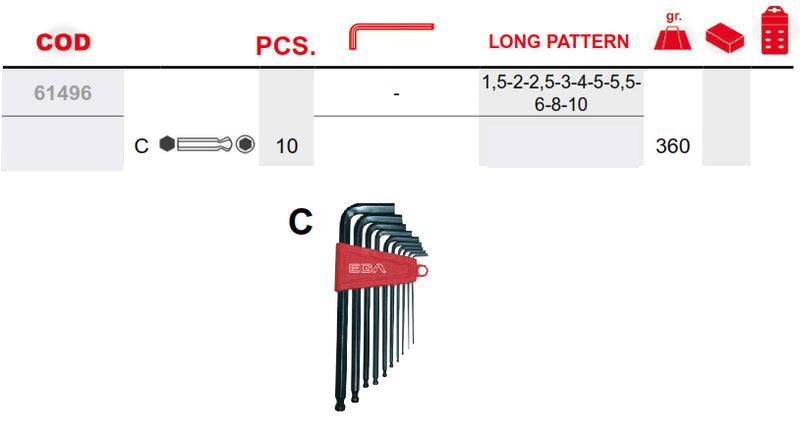 Hex Key Wrench Set, Ball Point Type, Long Pattern, 10pcs/Set, 61496 EgaMaster
